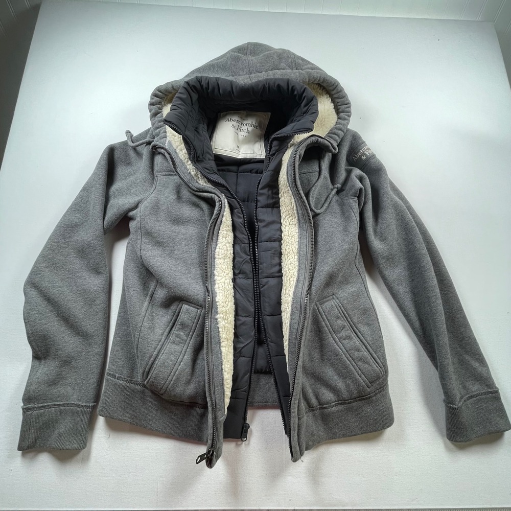 VTG Abercrombie & Fitch Heavyweight Gray Sherpa Lined Double Zip Hoodie Jacket M